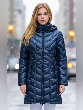 Andrew Marc Navy Quilted Hooded Puffer Coat